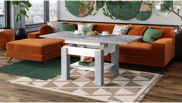 Rozkládací konferenční/jídelní stůl se zvedací deskou CALEB šedá beton/bílá