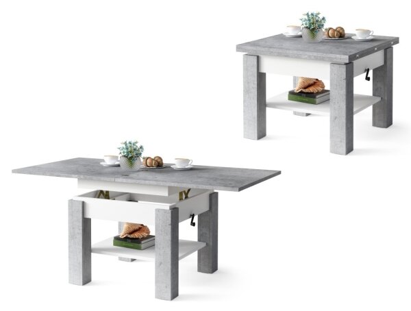 Rozkládací konferenční/jídelní stůl se zvedací deskou CALEB šedá beton/bílá