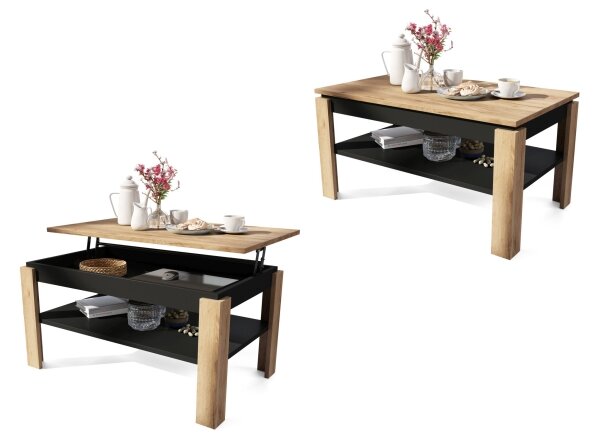 Konferenční stůl se zvedací deskou a policí ADEN 100x60 cm dub craft/černá