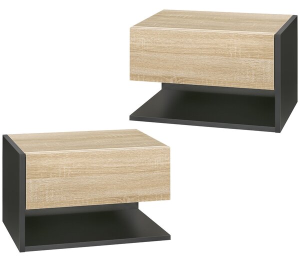 HOMCOM Sada 2 floating nočních stolků se zásuvkou a otevřenou poličkou do ložnice 46x30x30 cm Dub a černá | Aosom