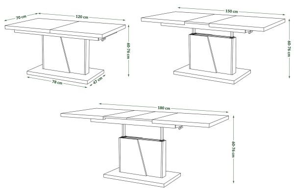 Rozkládací jídelní stůl se zvedací deskou NINO 120/150/180x70 cm bílá/šedá beton