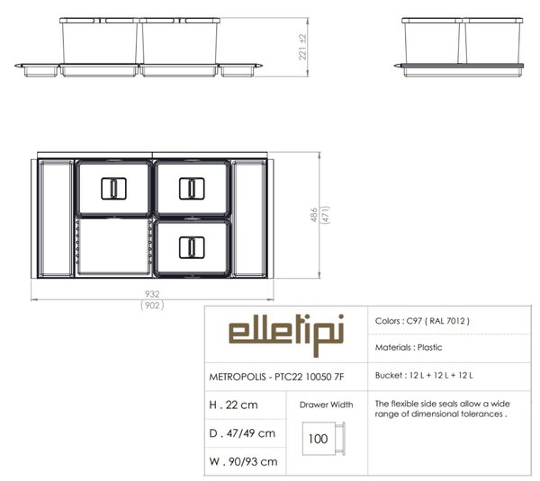 Vestavný odpadkový koš Elletipi METROPOLIS/ do zásuvky/ 12+12+12 L/ PTC22 10050 7F