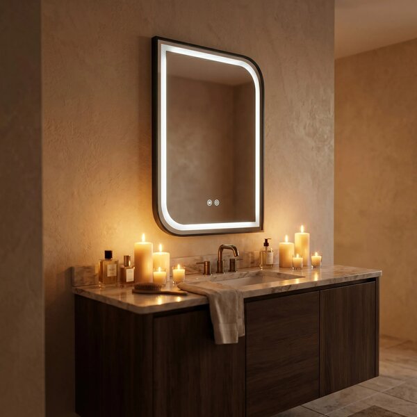 Rea Zrcadlo 70x50 cm s vyhříváním a regulovatelným LED osvětlením HOM-00302 černá kartáčovaná