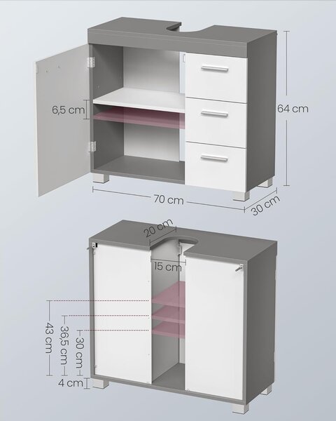 Skříňka pod umyvadlo, koupelnová skříňka 30 × 70 × 64 cm, bílá–šedá