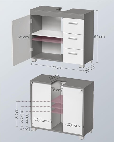 Skříňka pod umyvadlo, koupelnová skříňka 30 × 70 × 64 cm, bílá–šedá