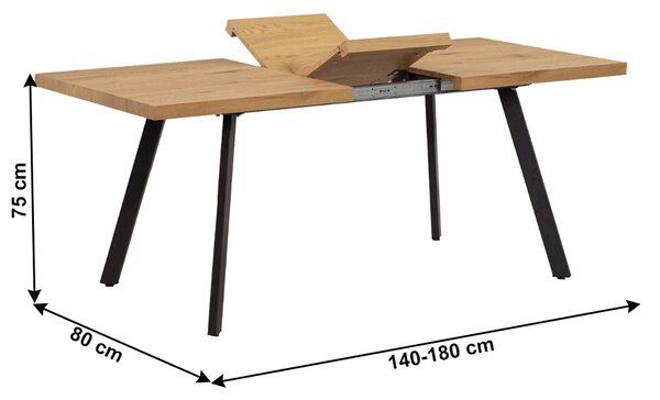 KONDELA Jídelní stůl, rozkládací, dub / kov, 140-180x80 cm, AKAIKO