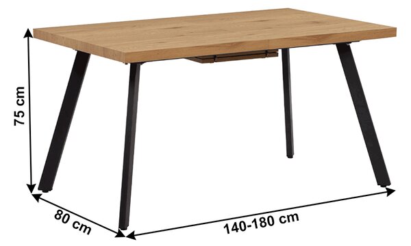 KONDELA Jídelní stůl, rozkládací, dub / kov, 140-180x80 cm, AKAIKO