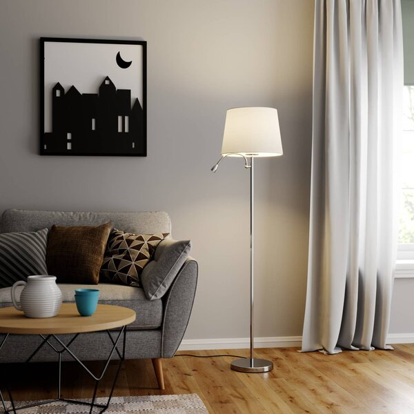 Lindby Stojací lampa Benjiro, bílá, textil, světlo na čtení, 150 cm, Bílá / opál, Obývací pokoj / jídelna, Textil / tkanina / hedvábí, Moderní, Lampička na čtení