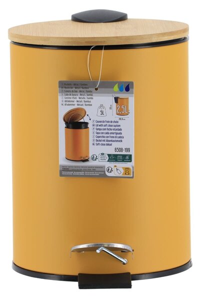Odpadkový koš Timeless, hořčicová/s dřevěnými prvky, 2,5L