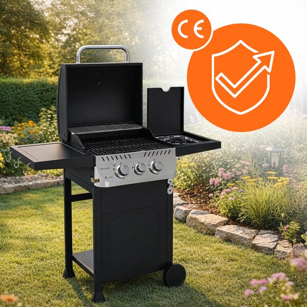 Velaco Plynový BBQ gril s boční plotýnkou, poličkou a krycí plachtou - APOLLO-A, 2+1 hořák