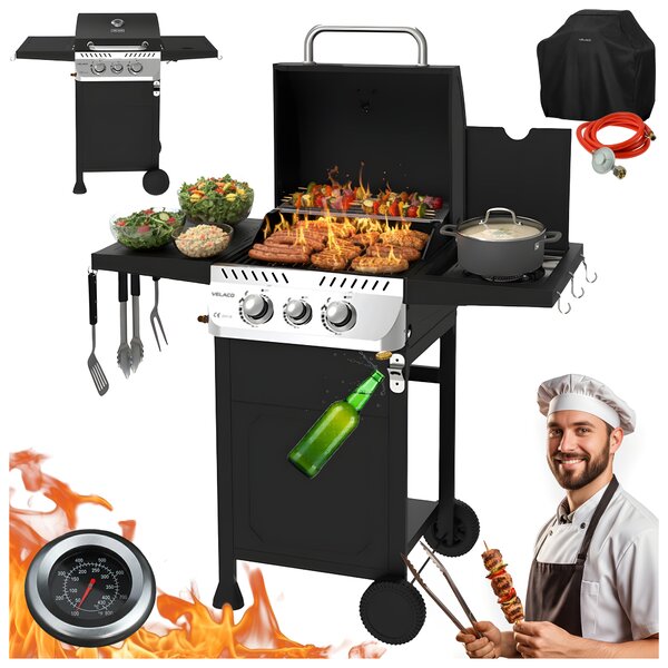 Velaco Plynový BBQ gril s boční plotýnkou, poličkou a krycí plachtou - APOLLO-A, 2+1 hořák