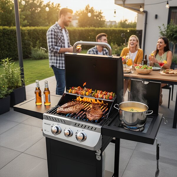 Velaco Plynový BBQ gril s boční plotýnkou, poličkou a krycí plachtou - APOLLO-A, 2+1 hořák