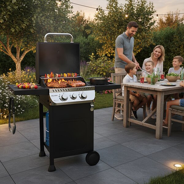 Velaco Plynový BBQ gril s boční plotýnkou, poličkou a krycí plachtou - APOLLO-A, 2+1 hořák