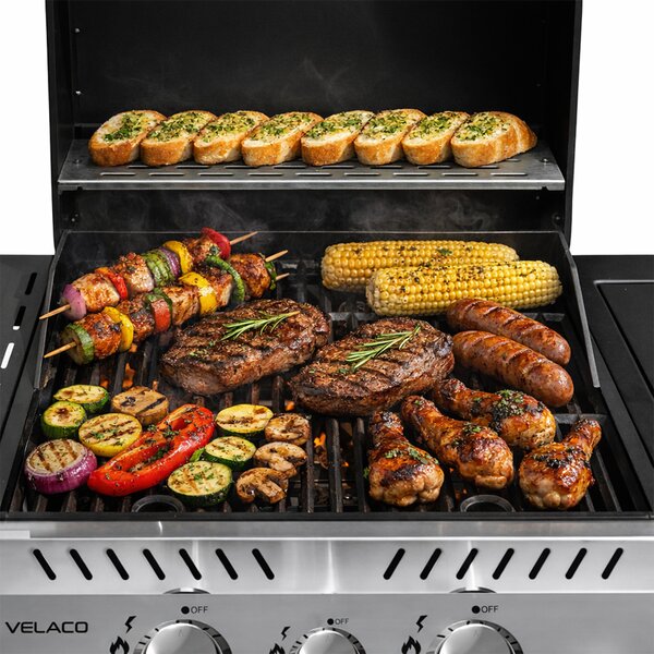 Velaco Plynový BBQ gril s boční plotýnkou, poličkou a krycí plachtou - APOLLO-A, 2+1 hořák