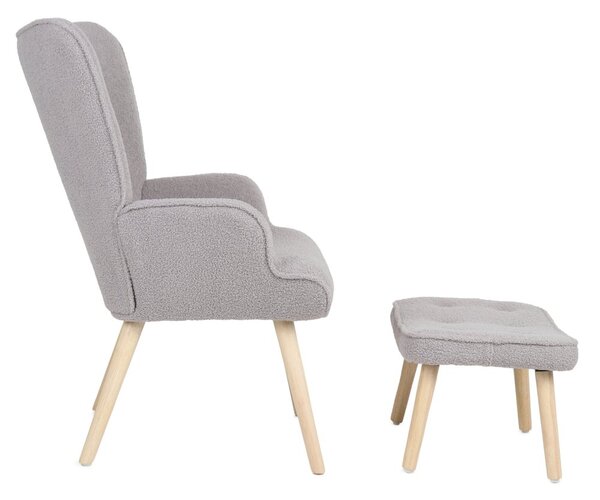 Relaxační křeslo ušák ROMEO II + taburet — masiv, látka bouclé, přírodní / šedá