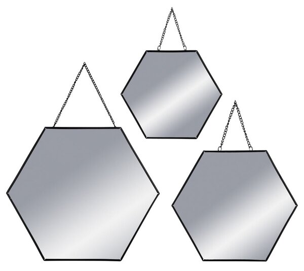 Závěsné zrcadlo Hexagon, černé, sada 3ks