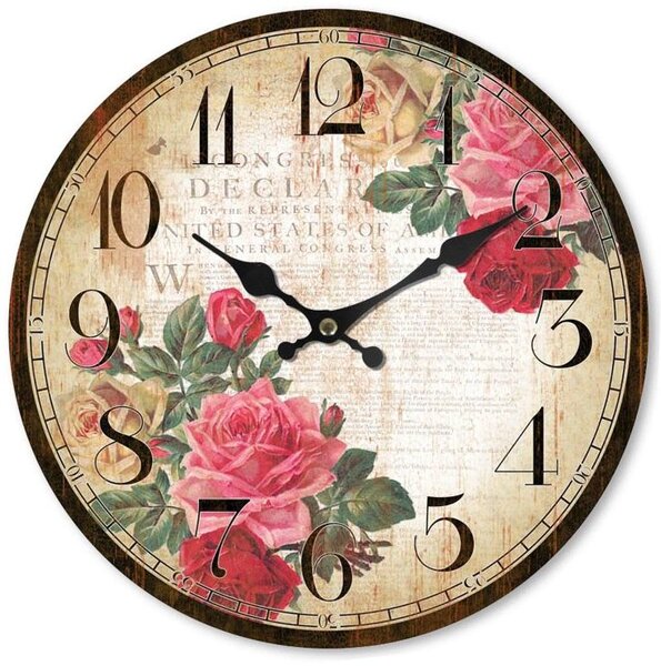 Dřevěné nástěnné hodiny Pink Roses 29 cm (ISABELLE ROSE)