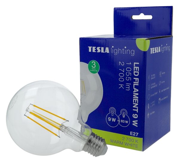 TESLA lighting Tesla - LED žárovka CRYSTAL RETRO GLOBE, E27, 9W, 230V, 1055lm, 15 000h, 2700K , 360°