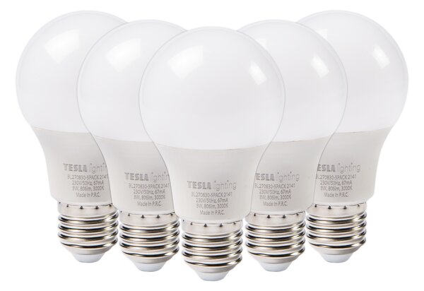 Tesla - LED žárovka BULB E27, 8W, 230V, 806lm, 25 000h, 3000K teplá bílá, 220st - 5ks v balení
