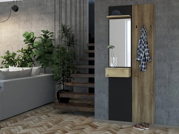 Szynaka Předsíňový věšák se zrcadlem Wenis 02 75 cm dub Karlstad/dub Wotan/černý
