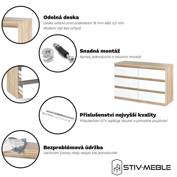 STIV Möbel | Komoda s 6 zásuvkami | Dub Sonoma / Bílá Mat | 100 cm | moderní & bezúchytková | Ložnice & Obývák