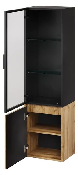 Szynaka Závěsná vysoká koupelnová skříňka Loris 70 40 cm dub Wotan/černá