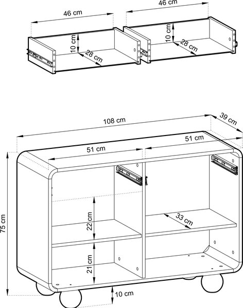 Komoda, prádelník KAMLOOPS KSZ108 - Kašmír - zaoblená - 2 zásuvky - šířka 108 cm, výška 75 cm, hloubka 39 cm
