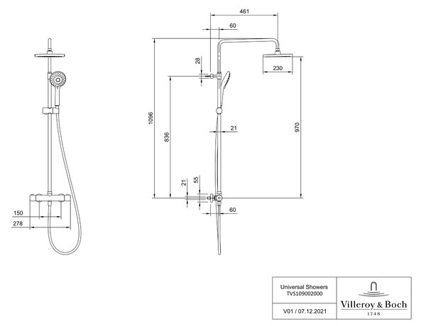 Villeroy & Boch Universal Showers sprchová sada na stěnu s termostatem s dešťovou sprchou chrom TVS10900200061