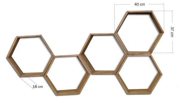 Kalune Design Sada 5 nástěnných polic HEX ořech