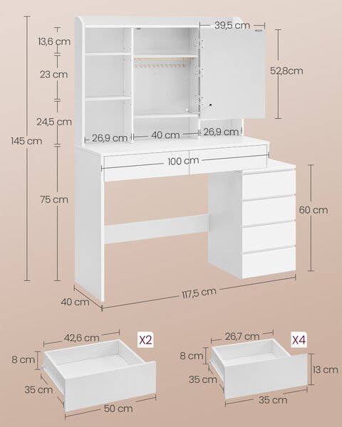 VASAGLE Toaletní stolek 6 zásuvek LED osvětlení 118 x 145 x 40 cm bílá