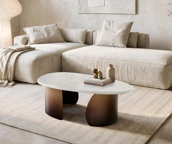DELIFE Konferenční stolek Marvello 100x50 cm mramor bílá kov zlatá Fusion Finish