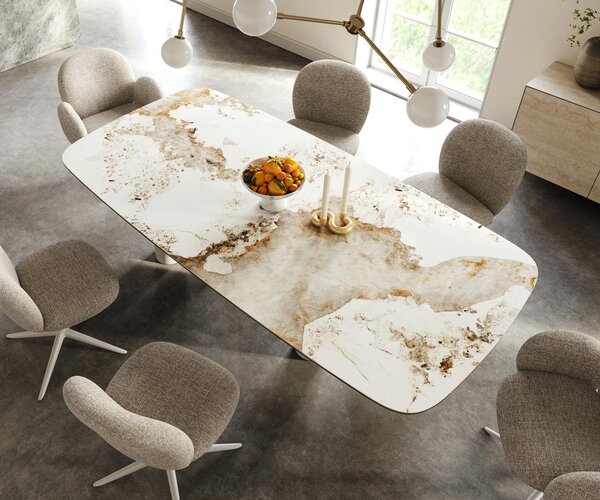 DELIFE Jídelní stůl Edge tvar oválný 240x120 cm keramika Minas Melange bílá béžová podnož kov bílá