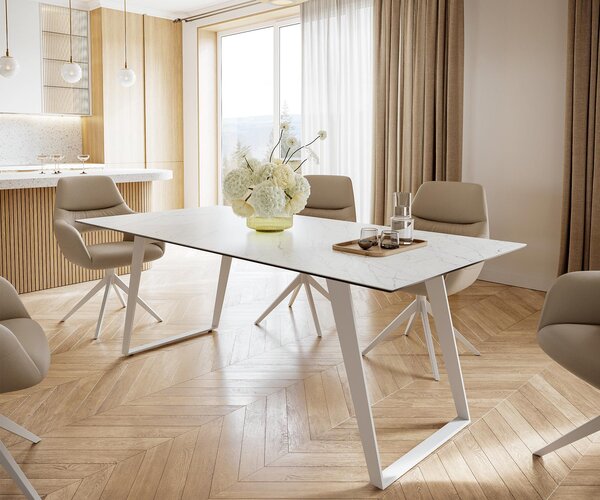 DELIFE Jídelní stůl Edge 200x100 cm keramika Laminam® Statuarietto bílá kov šikmý bílá