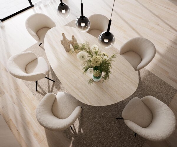 DELIFE Jídelní stůl Edge oválný 220x120 keramika Laminam®Travertino Bianco krémově bílá Zenthara hranatý kov černý