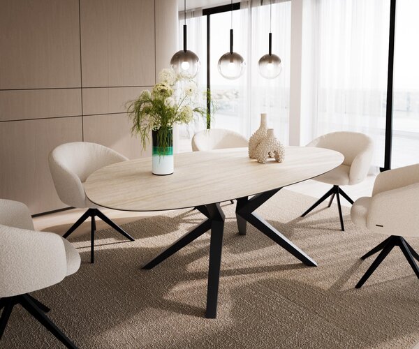 DELIFE Jídelní stůl Edge oválný 220x120 keramika Laminam®Travertino Bianco krémově bílá Zenthara hranatý kov černý