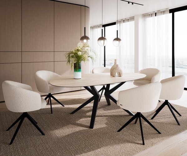 DELIFE Jídelní stůl Edge oválný 220x120 keramika Laminam®Travertino Bianco krémově bílá Zenthara hranatý kov černý
