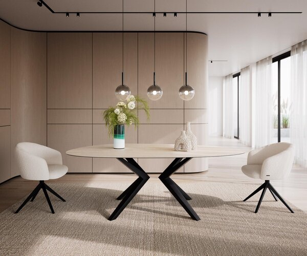 DELIFE Jídelní stůl Edge oválný 220x120 keramika Laminam®Travertino Bianco krémově bílá Zenthara hranatý kov černý