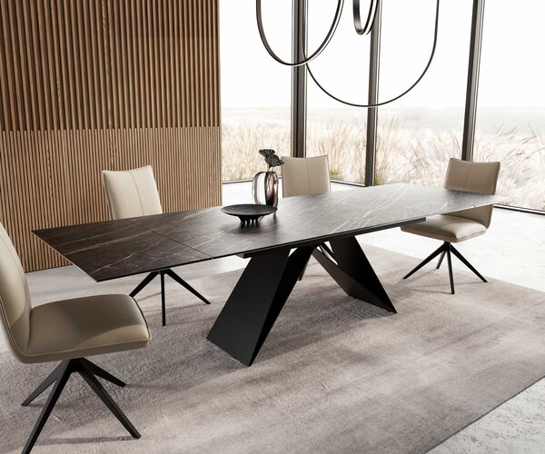 DELIFE Jídelní stůl Edge 200-300x100 keramika Laminam®Noir Desir hnědý V-podnož plochá ocel černá rozkládací