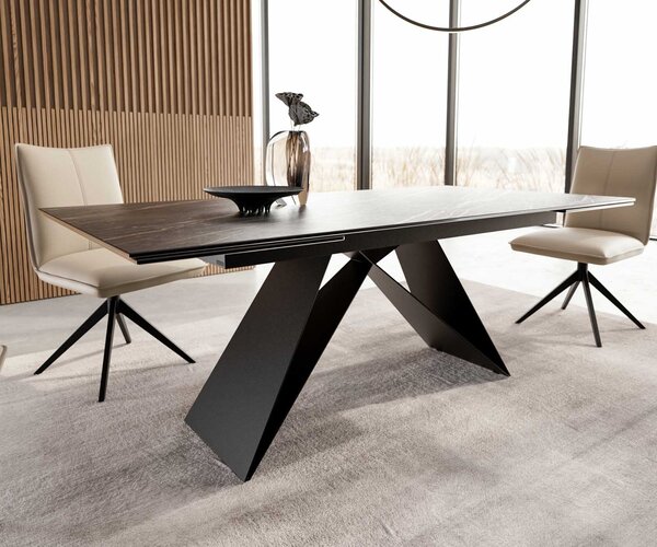 DELIFE Jídelní stůl Edge 200-300x100 keramika Laminam®Noir Desir hnědý V-podnož plochá ocel černá rozkládací