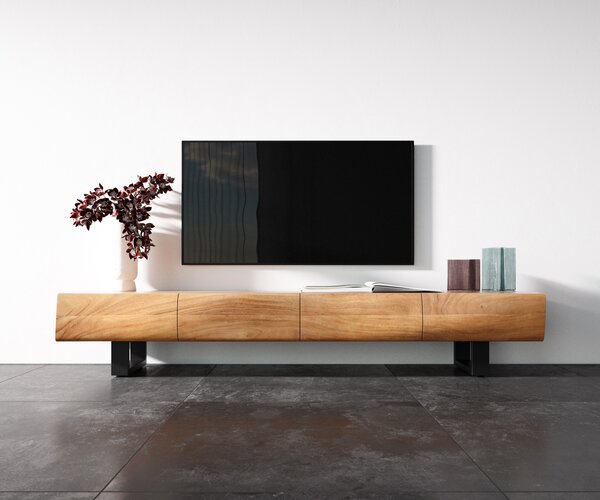 DELIFE TV stolek New Live-Edge 200 cm akácie přírodní 4 dvířka kovová tenká podnož černá