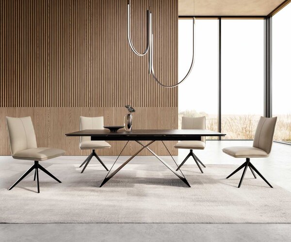 DELIFE Jídelní stůl Edge 200-300x100 keramika Laminam®Noir Desir hnědý V-podnož plochá ocel černá rozkládací