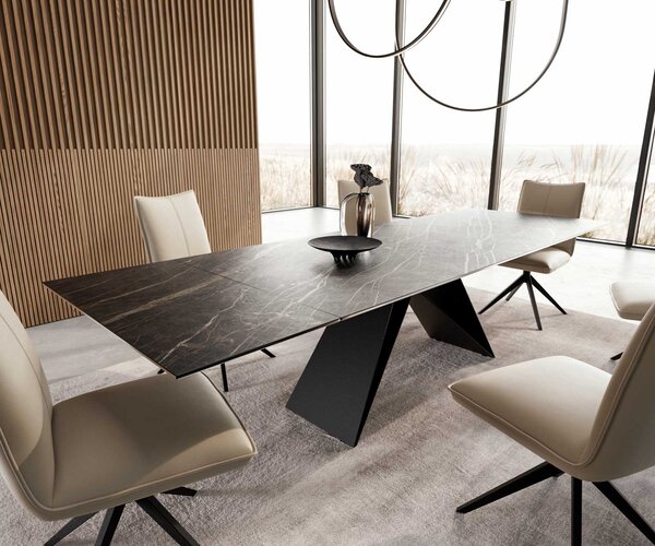 DELIFE Jídelní stůl Edge 200-300x100 keramika Laminam®Noir Desir hnědý V-podnož plochá ocel černá rozkládací