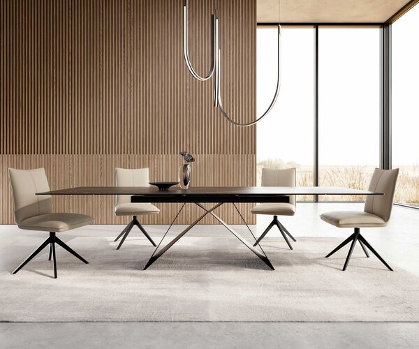 DELIFE Jídelní stůl Edge 200-300x100 keramika Laminam®Noir Desir hnědý V-podnož plochá ocel černá rozkládací