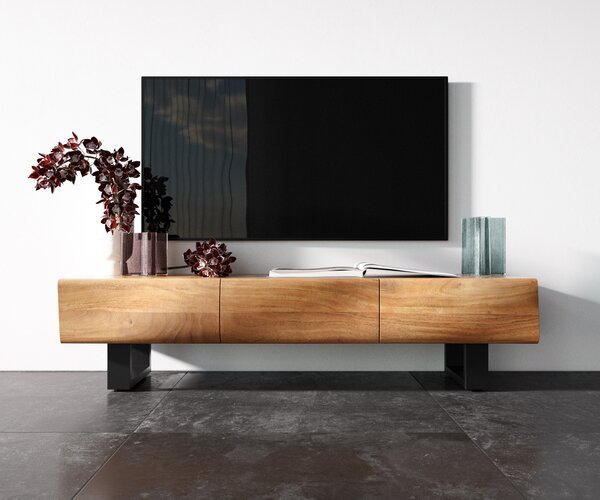 DELIFE TV stolek New Live-Edge 145 cm akácie přírodní 3 dvířka kovová podnož černá