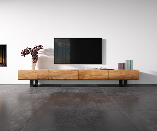 DELIFE TV stolek New Live-Edge 240 cm akácie přírodní 4 zásuvky kovová tenká podnož černá
