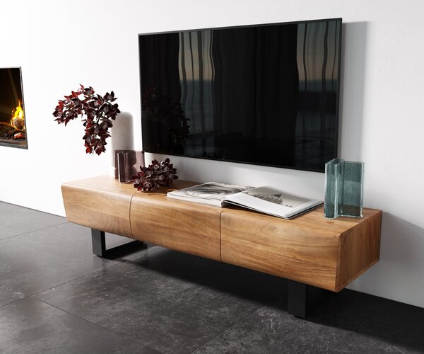 DELIFE TV stolek New Live-Edge 145 cm akácie přírodní 3 dvířka kovová podnož černá
