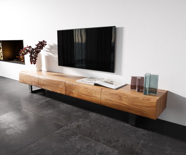 DELIFE TV stolek New Live-Edge 240 cm akácie přírodní 4 zásuvky kovová tenká podnož černá