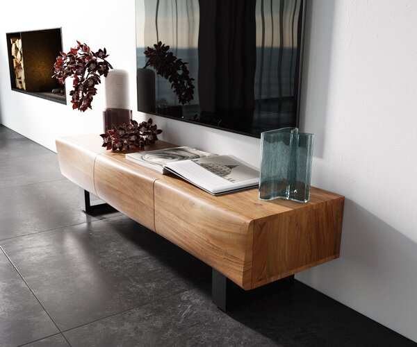 DELIFE TV stolek New Live-Edge 145 cm akácie přírodní 3 dvířka kovová podnož černá