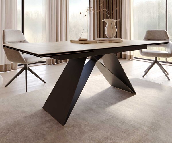 DELIFE Jídelní stůl Edge 200-300x100 keramika Laminam® sabbia dubová barva podnož ve tvaru V plochá ocel černá rozkládací