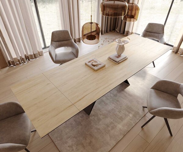DELIFE Jídelní stůl Edge 200-300x100 keramika Laminam® sabbia dubová barva podnož ve tvaru V plochá ocel černá rozkládací